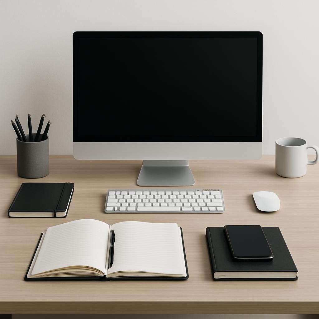 a desk with no person, working environment