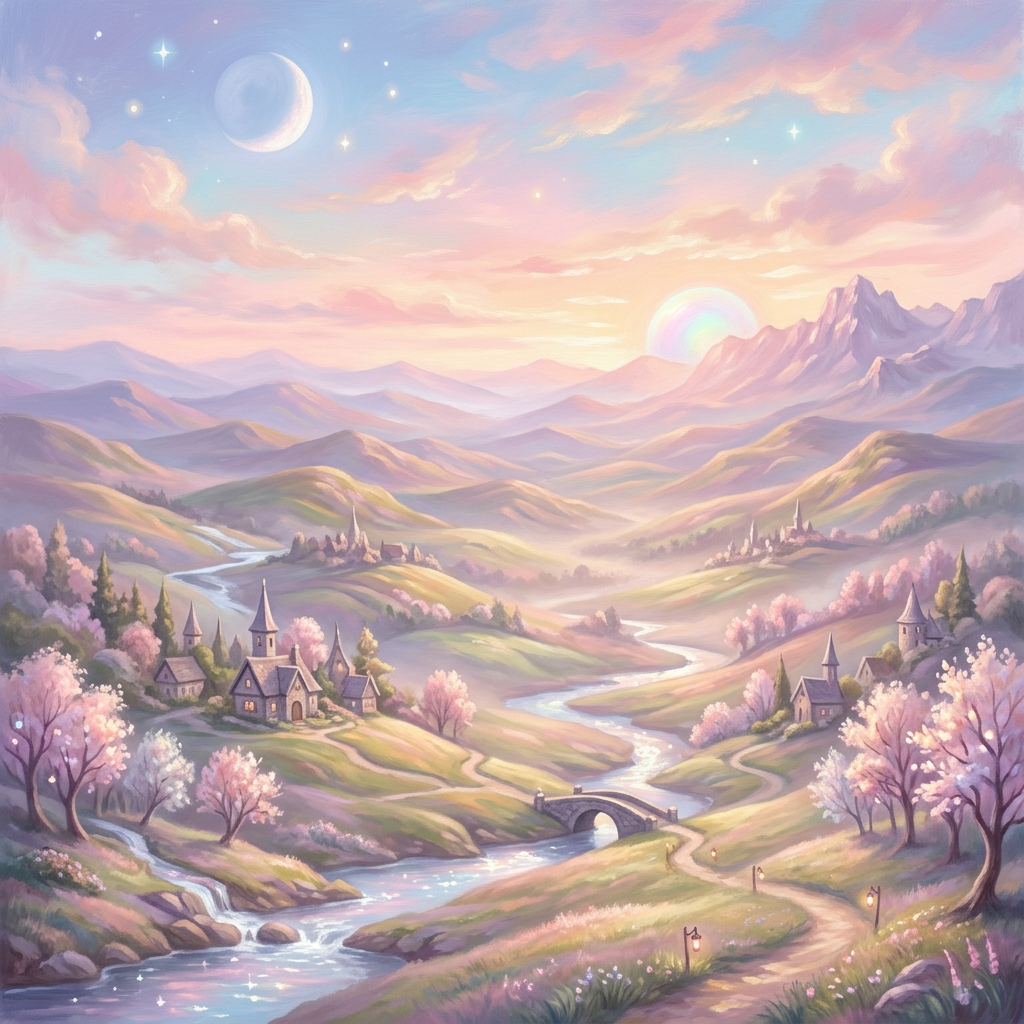 Pastel-colored valley with river, small villages, flowering trees, mountains, crescent moon, and rainbow sun